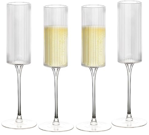 Ribbed Champagne Glasses | Unique Fluted Design | Tall With Long Stem | Fancy and Modern Trend | Large Vintage - Set of 4