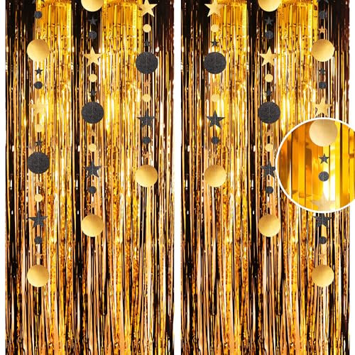 3.2x8.3ft Glitter Black Gold Tinsel Curtain Hanging Decorations Set, Door Tinsel Foil Fringe Streamers for School Graduation Birthday Hen Photo Banner Christmas Party