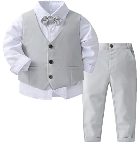 HULIJA 4 Pièces Costume De Baptême Gentleman Enfant Garcon Chemise Blanc +Gilet + Pantalon + Cravate Tenue Formel Smoking Photographie Gris 2-3 Ans