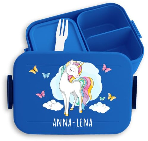 Kinder Bento Box Midi für Mepal Bentobox - Einhörner - Brotbox Einhorn mit Schmetterlingen Lunchbox Unicorn Geschenk Einschulung Gesxhenke Schulkind I - 900 ml - Blau