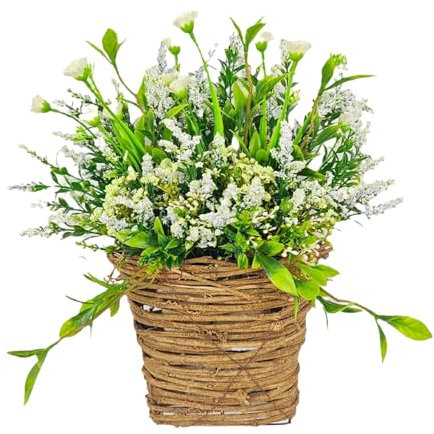KWQBHW Spring Door Hanger Basket Wreath Cream Berry Wildflowers Door Hanging Basket Wreath Artificial Spring Summer Wreath for Front Door Farmhouse Decor