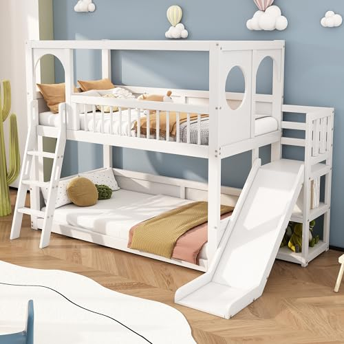 Zravenna Hochbett Kinder 90x200 cm, Etagenbett mit Rutsche und Treppe 2 Kinder, Holzbett Stockbett mit Fallschutz und Gitter, Geschwister Bett für Mädchen Jungen (Weiß A, 90x200 cm)