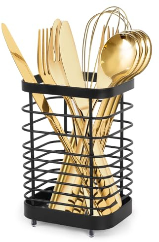 Black Utensil Holder Stainless Steel Knife and Fork Holder, Anti Slip Water Draining Design, Kitchen Utensils Holder for Knife Fork Spoon Chopsticks Storage (Black)