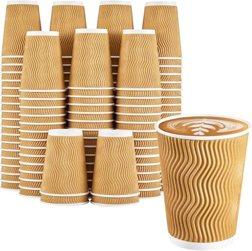KAV Triple Layered 100 Pack 8oz Ripple Insulated Paper Cups - Kraft Disposable Coffee Cups for Hot & Cold Drinks - Takeaway Cups for Tea, Cappuccino, Beverages, Office & Party Use