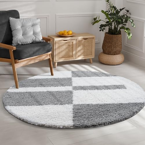SANAT Milano Shaggy Teppich - Hochflor Teppiche für Wohnzimmer, Schlafzimmer, Küche - Weiss Hellgrau, Größe: 150 cm Rund