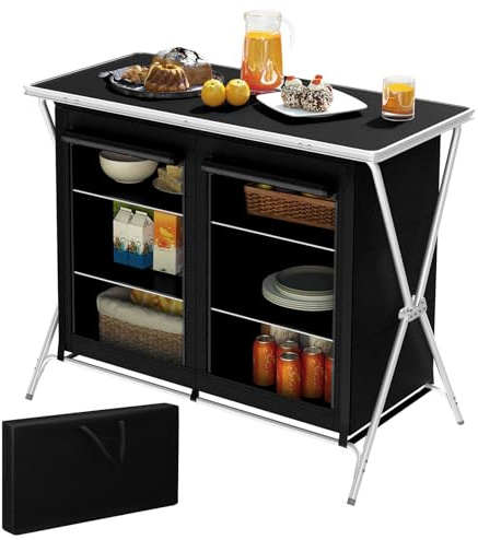WOLTU Camping Table with Cupboard, Camping Kitchen, Lightweight Portable Outdoor Folding Table with Carry Bag, Aluminum Frame, 6 Storage Compartments