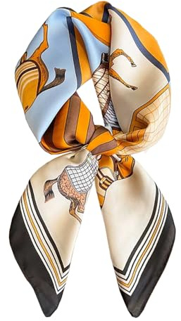ANDANTINO 100% Pure Mulberry Silk Square Scarf for Hair-27'' Women Men Natural Silk Neckerchief Digital Printed Headscarf (Horses-Blue&Brown)