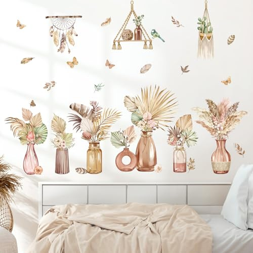 decalmile Stickers Muraux Feuilles de Palmier Boho Autocollant Mural Plante Pot Tropical Papillons Décoration Murale Chambre Enfants Bébé Salon TV Mur