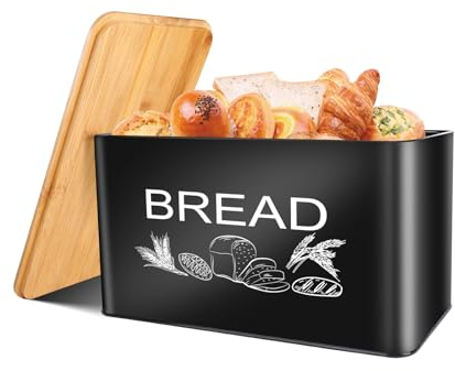 JIGUOOR Black Bread Bins, Extra Large Space Saving Vertical Metal Bread Box with Wooden Cutting Board Lid, Holds 3 Loaves, Farmhouse Kitchen Bread Storage Box, Kitchen Parts Box 12.99 x 7.08 x 7.08
