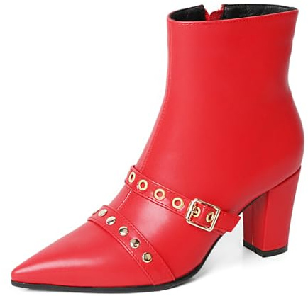 MEOTINA Red Boots for Women Pointed Toe Ankle Boot Dressy Chunky Heel Booties with Zipper Rivets Short Booite Fashion Shoes