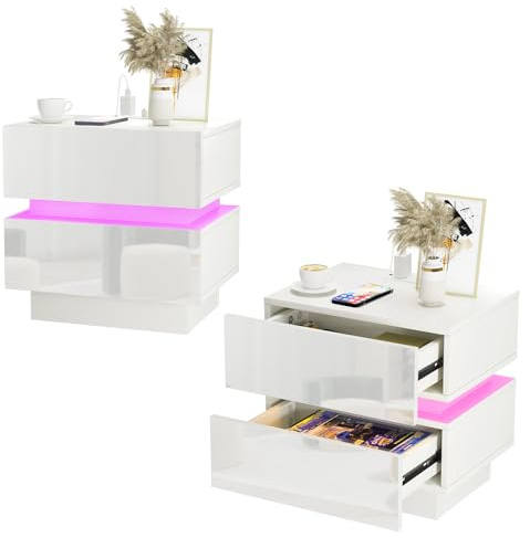 EXSELTMAN Nachttisch 2er Set, LED Nachttisch mit Ladestation, 2 AC-Steckdosen, 2 USB-Anschlüsse, Beistelltisch Nachtschrank für Schlafzimmer Wohnzimmer