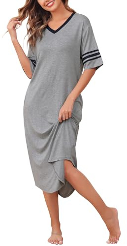 Vlazom Women's Long Nightshirt V Neck Nightdress Boyfriend Style Oversized Sleepshirt Loose Nighties with Pockets,Grey,L