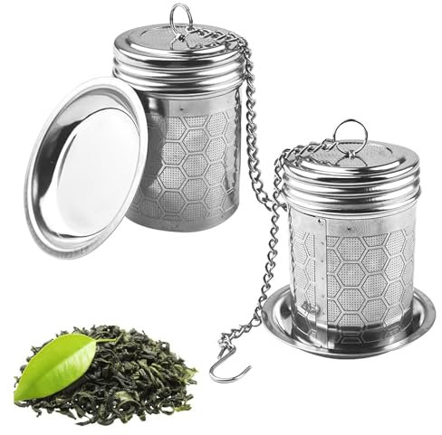Fervalyna 2 Pièces Infuseur Thé,Boule à Thé, Filtre à Thé, Diffuseur de Thé en 304 Acier Inoxydable, Passoire à Thé avec Longue Chaîne et Bac D'égouttage Rond, pour Mug/Tasse/Théière/Verre