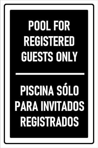 Pool for registered guests only, informational sign in english and spanish language - Self adhesive sticker (400mm x 300mm)