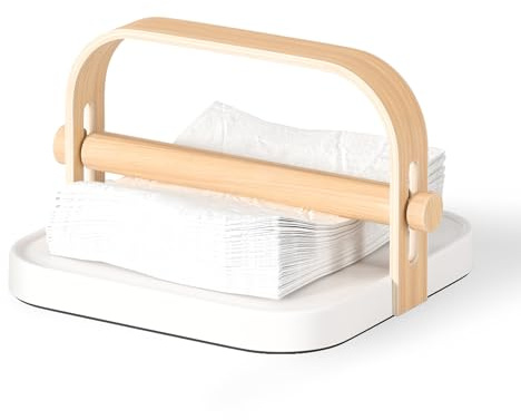 Umbra Bellwood Serviettenhalter, Metall mit Holzdübel, Weiss/Natur | Eschenholz Akzente, rutschfester Gummigriff, integrierter Holzgriff, stabiler Halt, recycelter Kunststoff