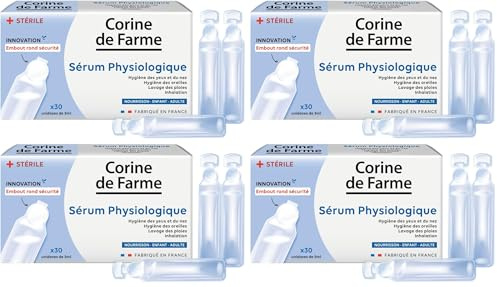 Corine de Farme - Sérum Physiologique x30 Unidoses Stériles de 5ml - Embout Rond Sécurisé - Hygiène Yeux, Nez, Oreilles, Lavage des Plaies et Inhalation - Bébé, Enfant et Adulte - Fabriqué en France