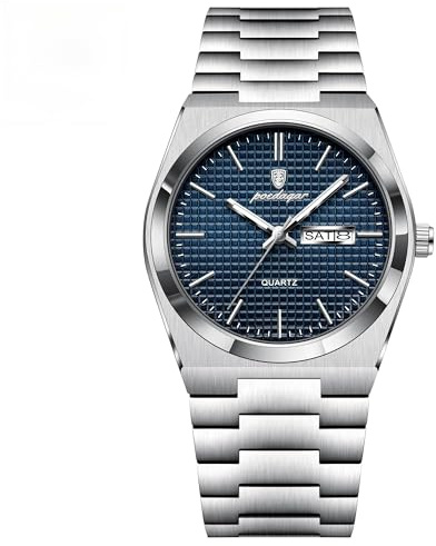POEDAGAR Orologio da polso da uomo, alla moda, luminoso, impermeabile, con data, settimana, da uomo, in acciaio inox, casual, al quarzo, Argento blu