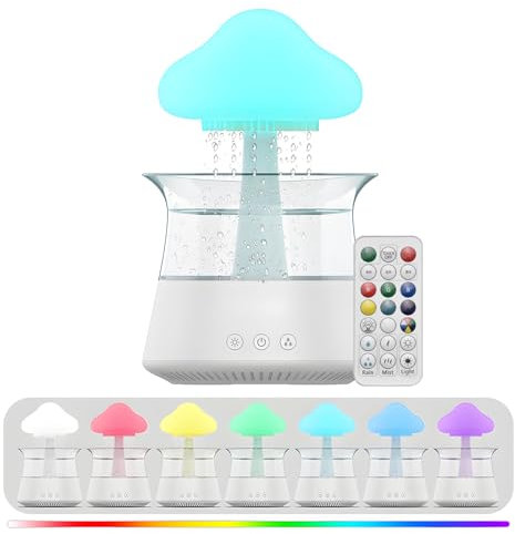 TFixol Rain Cloud Humidifier Water Drip 5H Timer ential Oils with 7 Night Light 300ml Ultra Rain Sounds Mushroom Humidifier with White Noise Remote Control for Bedroom Desk White