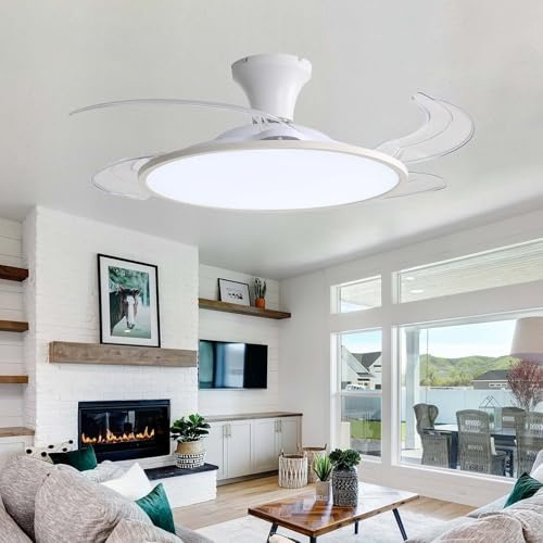 Luyaim 107CM Design Moderno Bianco Plafoniera Con Ventilatore Da Soffitto Pale Retrattili Motore DC 6 Velocità Lampadari Da Soffitto Con Ventilatore Silenzioso Per Cameretta/soggiorno-B