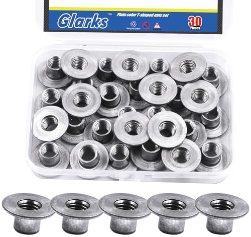Glarks 30 tuercas en T M10 x 13 mm de base redonda, acero al carbono, tuercas en T de rosca hembra de inserción de brida para fijación de hardware, muebles de madera, accesorios de hardware