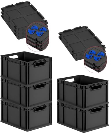 PROREGAL SuperSparSet 5x Eurobox NextGen Grip mit Scharnierdeckel & blauen Schiebeschnappverschlüssen, HxBxT 22x30x40cm, 20L, Schwarz, Griffe offen, Eurobehälter, Transportbox, Transportbehälter