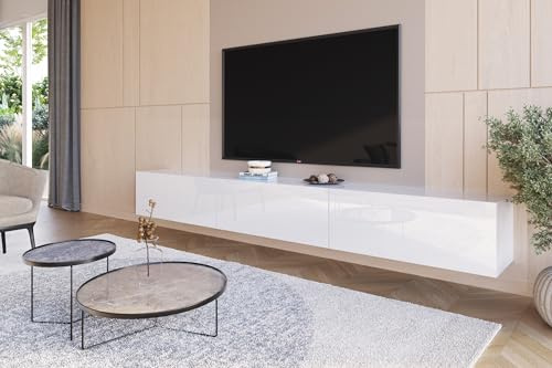 HAJDUK FURNITURE Lowboard Hängend Hochglanz Weiß 270 cm TV Unterschrank Push to Open Griffloses Fernsehtisch für Fernseher bis 85 Zoll Wohnzimmer 270x35x40 cm Wohnwand Modern