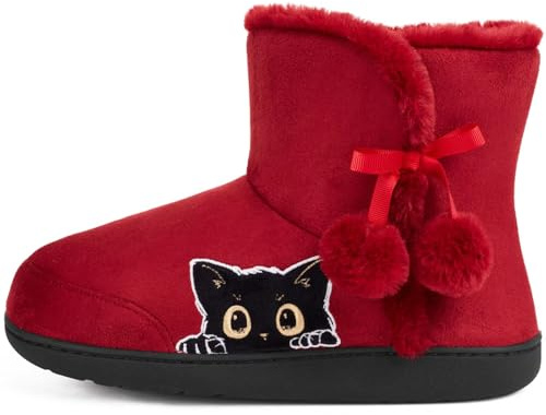 GURGER Zapatillas de Estar por Casa Mujer Altas Invierno Cálidas de Peluche Botines de Casa Pantuflas tipo Bota con Bordado de Dibujo Animado de Animales Gato, Rojo 38 39
