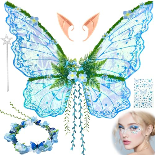 YeahBoom Ailes de Fée Enfant,Ailes de Papillon avec Oreilles d'Elfe,Bandeau de Fée Et Baguettes de Fée Étoile,Ailes de Papillon, Ailes de Princesse, Costume d'Aile pour Carnaval ou Soirées