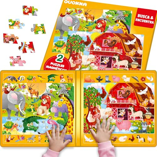 Quokka Rompecabezas Magnéticos para Niños 3 4 5 Años – 2 Set de 60 Piezas Puzzles – Buscar y Encontrar - Apto para Viajar con Animales de Safari y Granja – Educativo Puzzle 3 Años