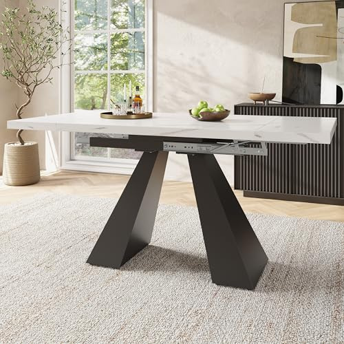 Table à manger extensible avec plateau en marbre MDF robuste et pieds en acier au carbone, table télescopique flexible avec large surface de travail, table de cuisine peu encombrante pour salon et