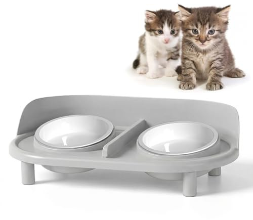 Katzennapf Erhöht - Keramik Katzennapf erhöht 15° Geneigter Erhöhter Katzen Futternapf Set mit Haustiere Abnehmbarer rutschfestem Ständer Schutz der Halswirbelsäule Fressnapf für Katzen＆Hunde (Grau)