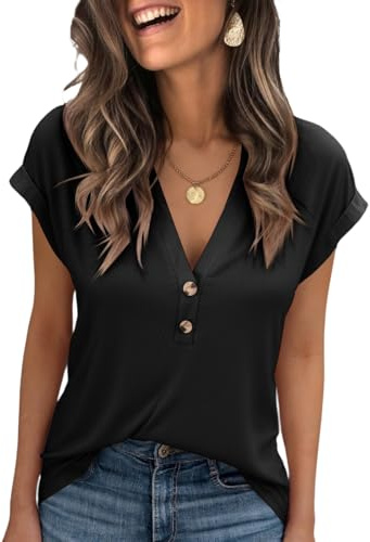 Cicy Bell Women's T-Shirt Women's Sexy V Neck with Buttons Tops Loose Short Sleeve Blouses Black M