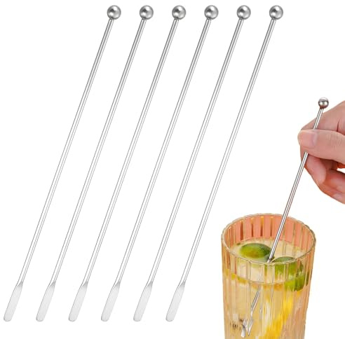 6 PCS Stainless Steel Cocktail Stirrers, 19cm Drink Mixing Spoon with Small Rectangular Paddles, Reusable Drink Stirrers, Long Metal Stirring Sticks for Coffee Bar, Juices, Chocolate, Milk, Silver