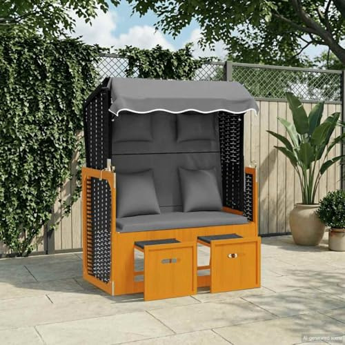 Tonture Strandkorb mit Kissen Poly Rattan und Massivholz, 115x55x156 cm, Schwarz Anthrazit, 3-Fach verstellbar, mit Sonnendach, gepolsterte Auflagen, ideal für Garten, Terrasse und Balkon