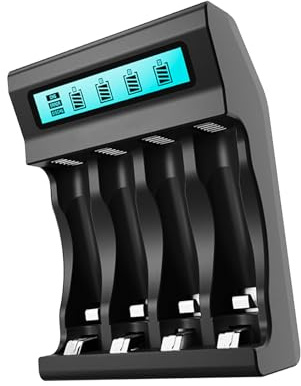 Tsophreniq Adattatore Caricabatterie rapido per batterie Ricaricabili 2A 3A con Display LCD a 4 Slot e Adattatore Ricarica con Protezioni Sicurezza