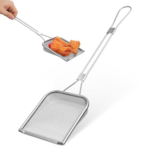 Toyvian Schiumarola quadrata a maglia fine: cucchiaio quadrato per friggere colino a rete metallica con manico lungo Hot Pot Fat Skimmer fine Cucchiaio da cucina per cibi fritti da cucina, 16. 90 x 5