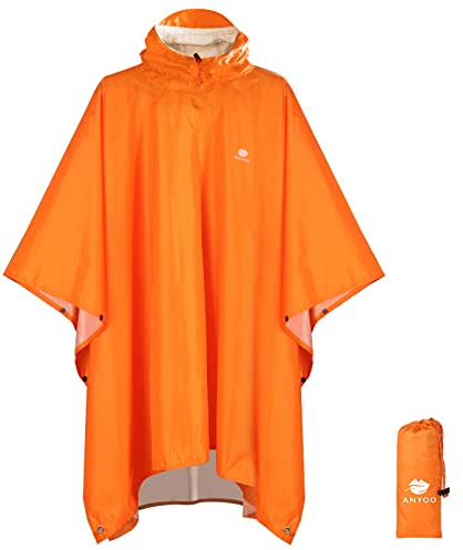 ANYOO Leichter Wasserdichter Regenjacken Wiederverwendbar Ripstop Atmungsaktiver Mehrzweck Regenmantel mit Kapuze Schutzdecke Unterschlupf für im Freien Camping Wandern Angeln, Orange, Einheitsgröße