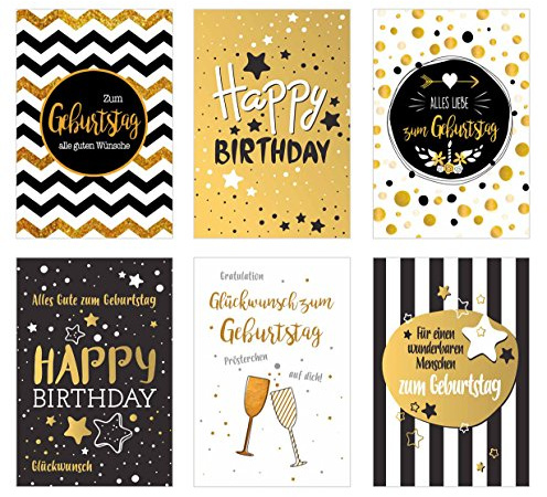 Edition Seidel Set 6 exklusive Premium Geburtstagskarten mit feiner Goldprägung und Umschlag. Glückwunschkarte Grusskarte Geburtstag Geburtstagskarte Mann Frau Karten Happy Birthday Billet Sprüche
