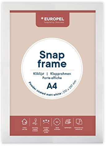 EUROPEL lightweight Snap frame A4, matt white powder-coated finish, Profile 25x11 mm, Anodized aluminum, anti-reflective protector, External dimensions 210x297 mm, Grey polystyrene back