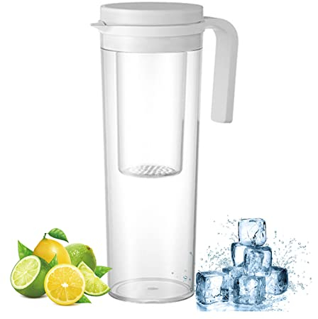 FONDUO Wasserkrug Kunststoff, 1.2L Wasserkaraffe Mit Filter, Kühlschrankkrug Mit Deckel, Kühlschrankkannen Für Heiß Kaltsaft Tee Saft Getränke Milch Kaffee (Weiß)