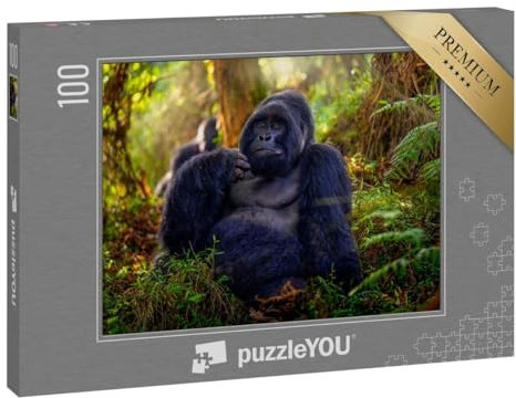 puzzleYOU: Puzzle 100 Teile „Berg-Gorilla, Nahaufnahme des großen Silberrückens im Wald“