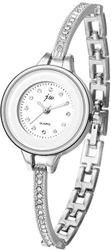 JewelryWe Uhren Damen Analog Quarz Armbanduhr Elegant Klein Einfach Strass Metallarmband Beiläufige Uhr Spangenuhr für Frauen Mädchen Silber