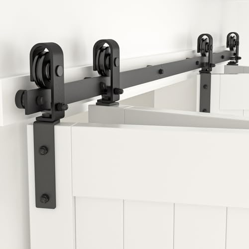CCJH 7FT/213cm Bi-Folding Schiebetürbeschlag Laufschienen Schiebetürsystem Komplettset für 4 Holztür Schwarz(Keine Tür)