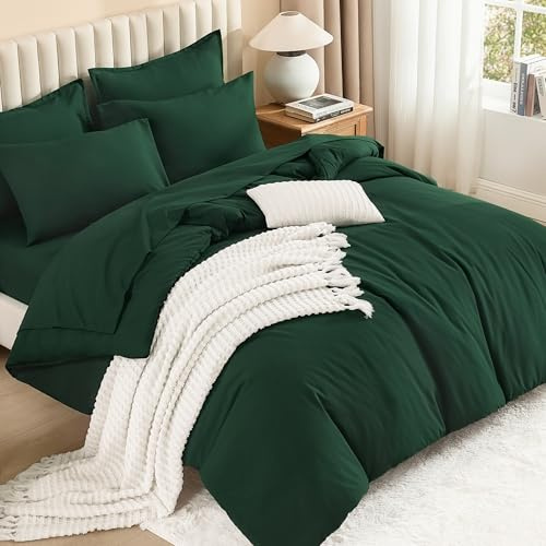 Litanika Queen Comforter Set Dark Emerald Green - 7 Pieces Bed in a Bag Queen Bedding Comforter Sets, Solid Lightweight Bed Set with Comforter, Sheets, Pillowcases & Shams