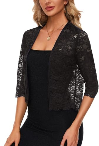 MINTLIMIT Damen Bolero Spitze Offene Vorne Strickjacke 3/4 Arm Cardigan Sexy Oberteil (Schwarz L)