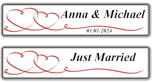 2X Hochzeit Autoschild mit Wunschtext Hochzeitsschild Hochzeitsauto Kennzeichen aus Aluminium | Digital Druck | Verschiedene Motive (Rote Herzen)