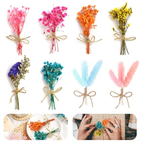 CAREDGO 8 Mini Bouquet Fiori Secchi Naturali Fiori Secchi Decorativi Piccoli Mazzi Fiori Secchi Set Fiori Secchi per Biglietti Decorazione Regali Buste DIY Album Candele Artigianato Scrapbooking