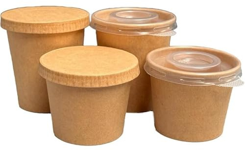 We Can Source It Ltd - Kraft Paper Portion Pots 4oz – Disposable Sauce Cups with Secure Plastic Lids – Ramekin Pots for Dip Dressings Sampling Catering and Takeaway Use – Pack of 100