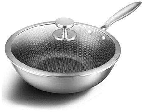 OUZBEM Leicht zu reinigende Pfanne, Wok aus Edelstahl 304, Vollwabenstruktur, rauchfrei, antihaftbeschichtet, für Induktionsherde, Gasherde, zum Braten, Eisentopf Vision