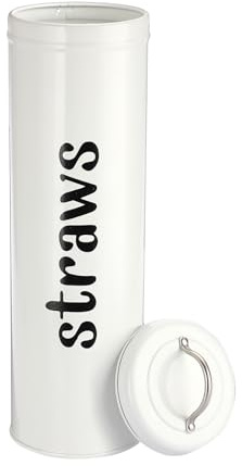SUMNACON Galvanized Iron Straw Storage Container Dispenser, Rustic Farmhouse Straw Holder Kitchen Utensil Organizer Canister Drinking Straw Storage Canister White Storage Box for Long Straws